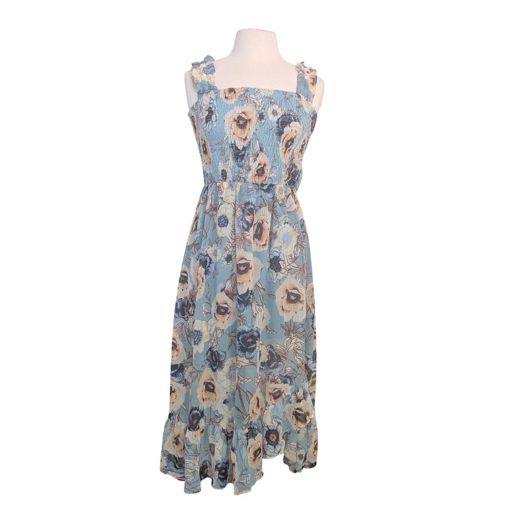 Maurices Blue Boho Floral Smocked Midi Dress Ruffle Straps High Low Hem S Fairy - Picture 2 of 11